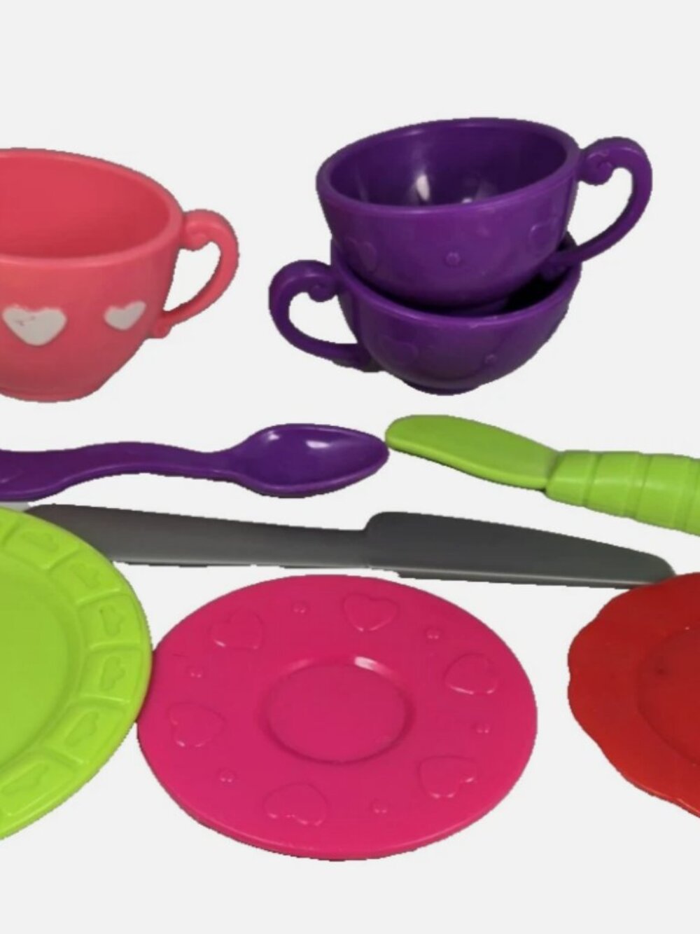 LOT Play Dishes 10 pc Pretend Cups Utensils Silverware Plates Kitchen Set Hearts
